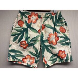 Eddie Bauer Swim Trunks Mens Beige Tropical Floral Print Lined Pockets Pull On